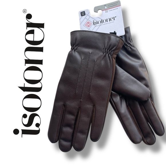 Men's Gloves Faux Leather Gathered Wrist  isotoner Insulated Large - Picture 1 of 7
